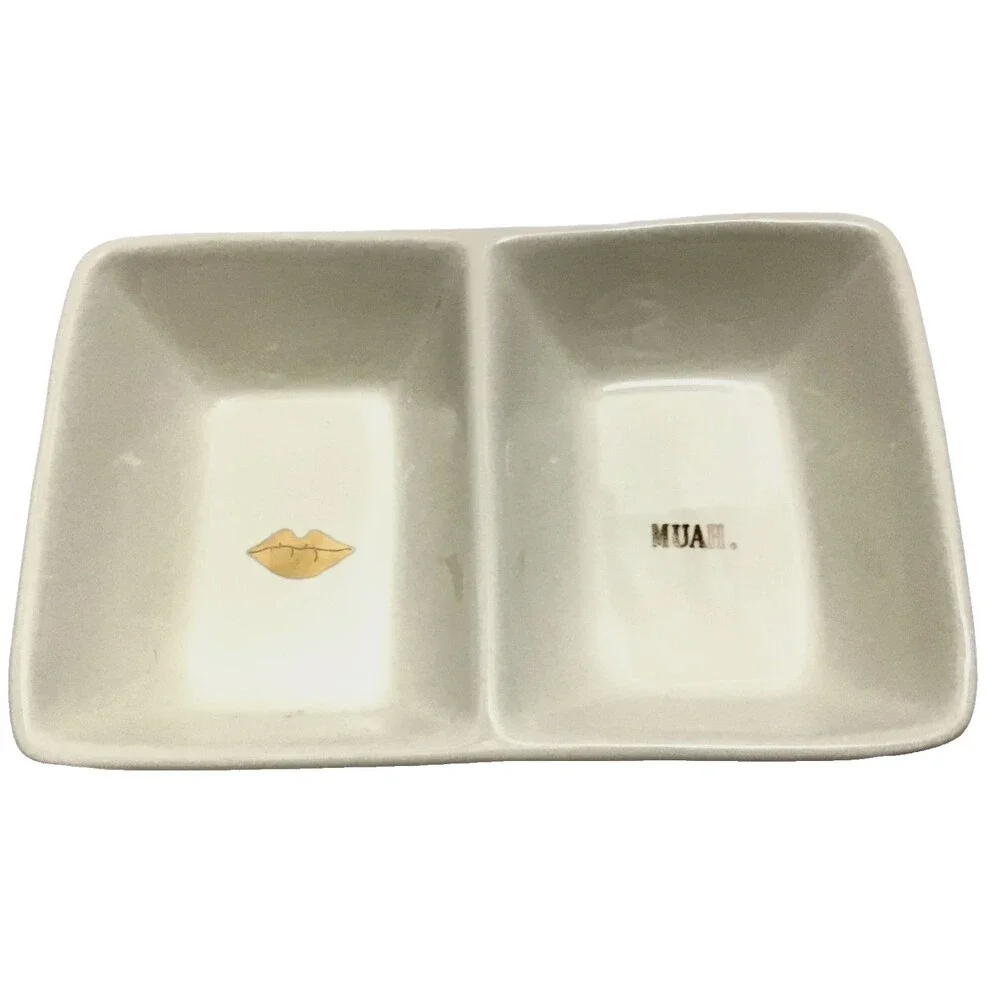 Rae Dunn divided trinket dish rectangle gold muah lips artisan magenta